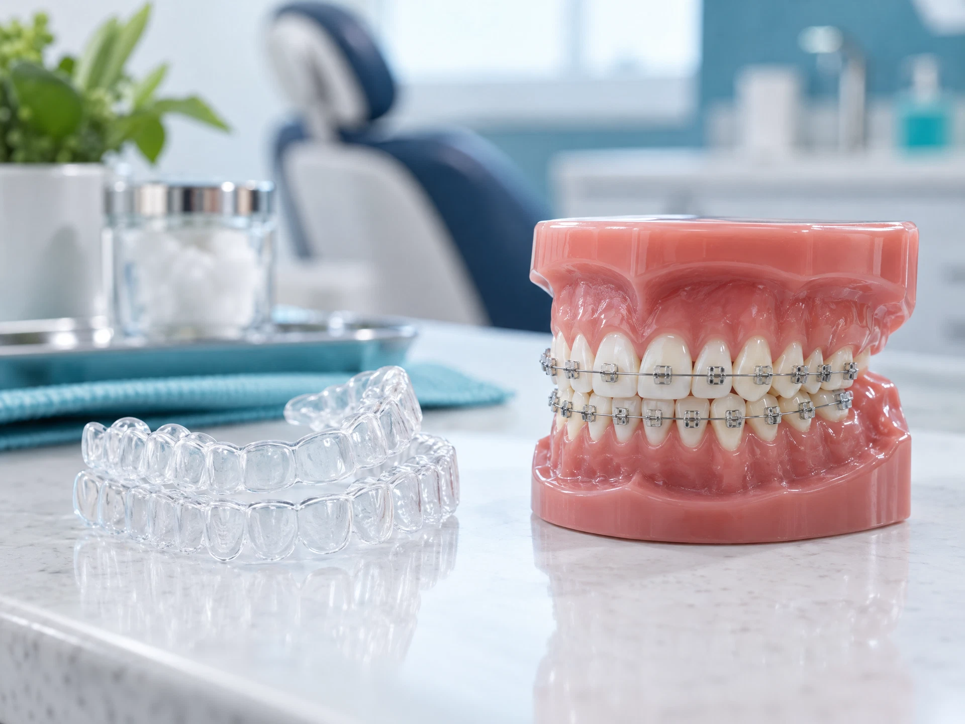 Illustration of orthodontic aligners and an educational dental model