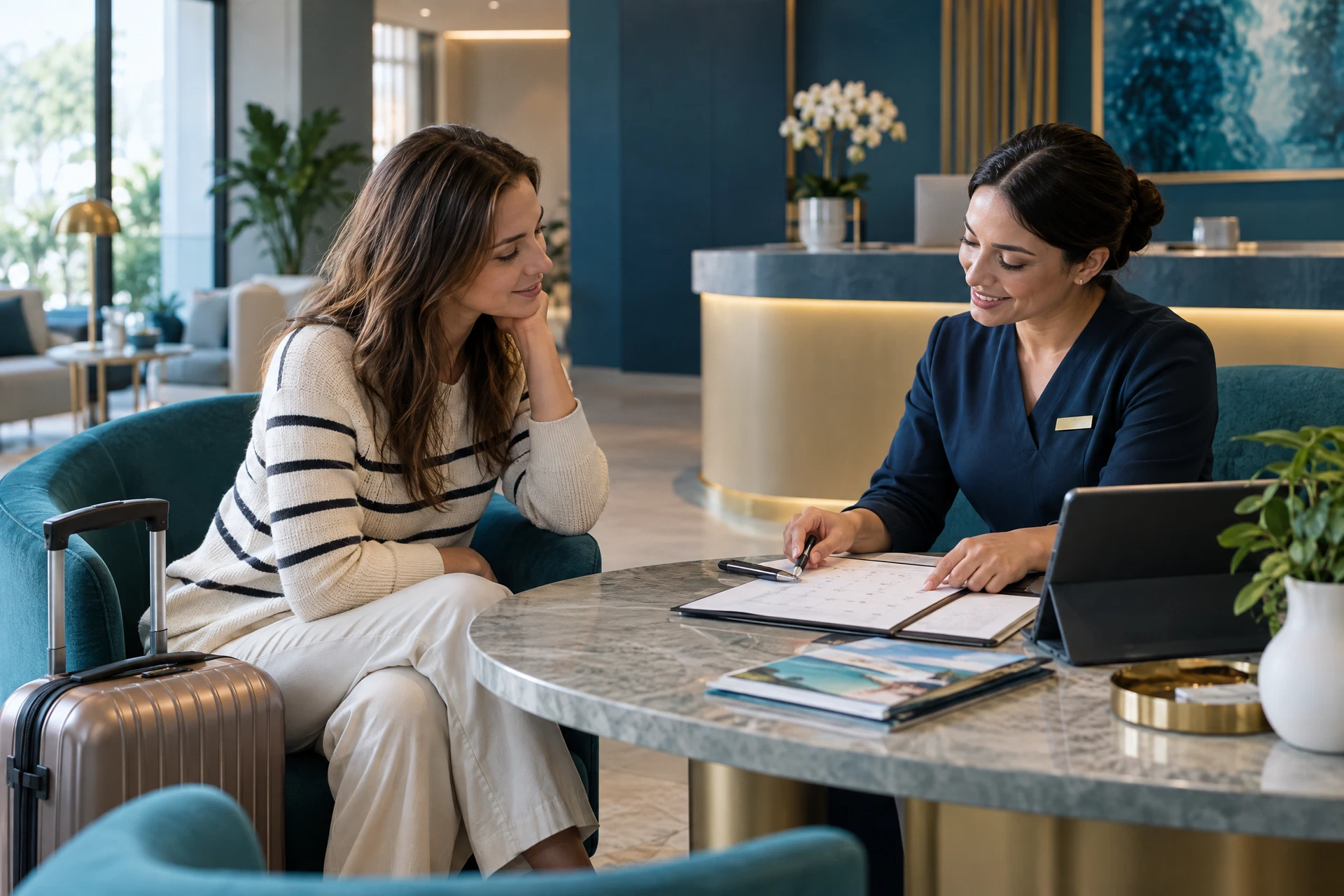 Illustrative scene of a traveler discussing a dental-care inquiry and visit plan with a coordinator